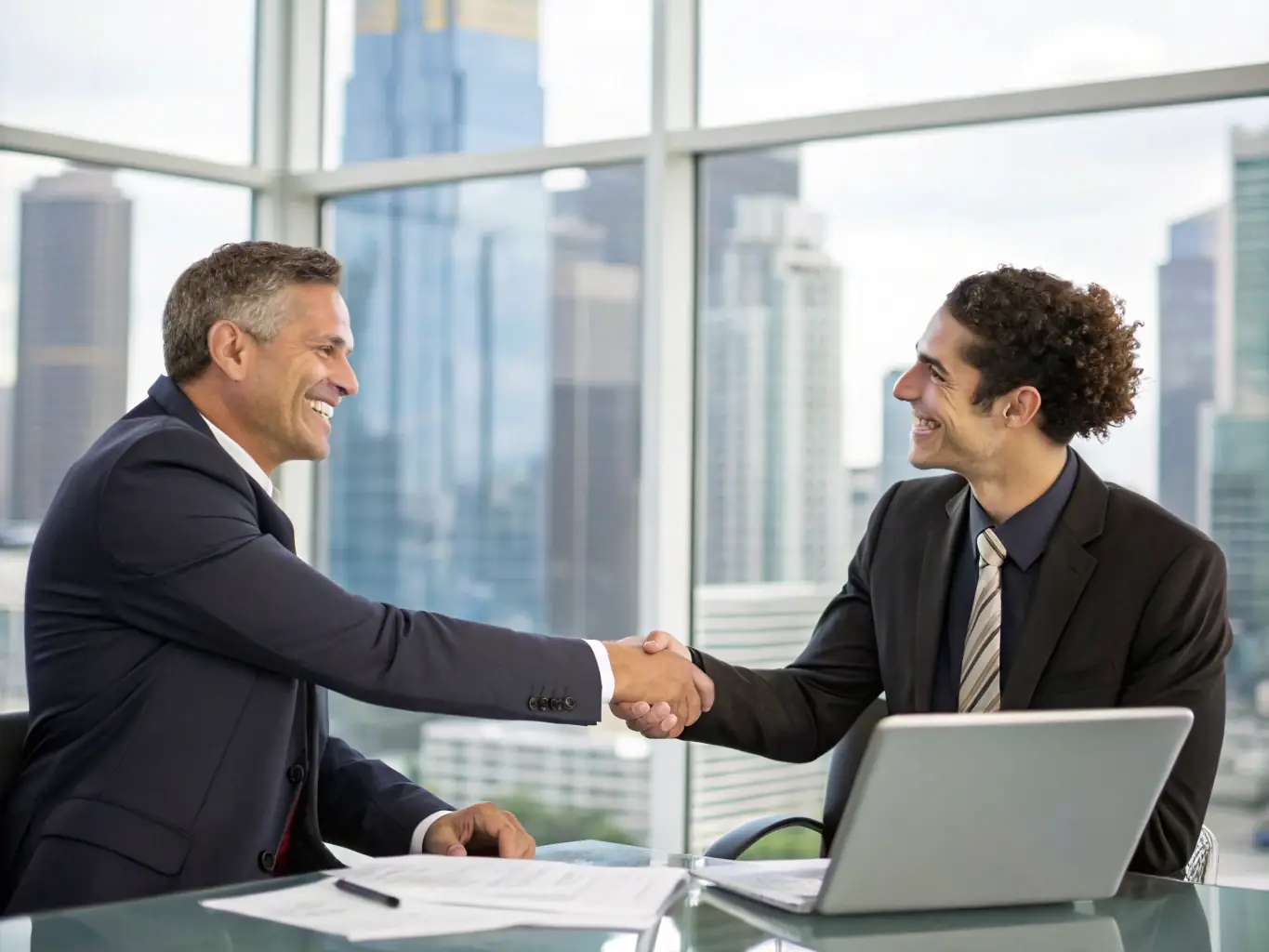 A family business owner shaking hands with a financial advisor, symbolizing a strong partnership and secure financial future.