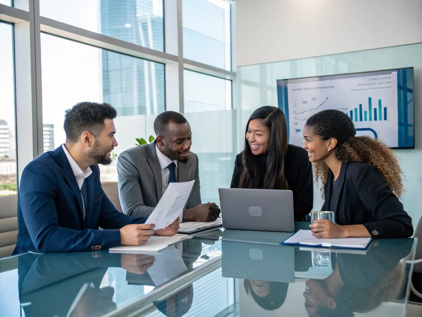 A diverse team of business professionals collaborating on a financial strategy in a bright, modern office, emphasizing the collaborative and strategic approach to business solutions.