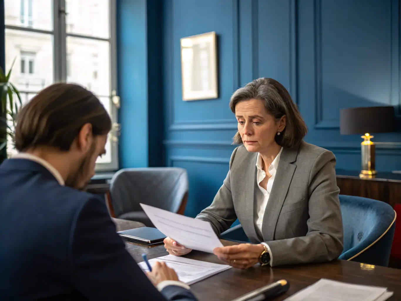 A professional business consultant reviewing legal documents with a business owner in a modern office setting, emphasizing trust and partnership.