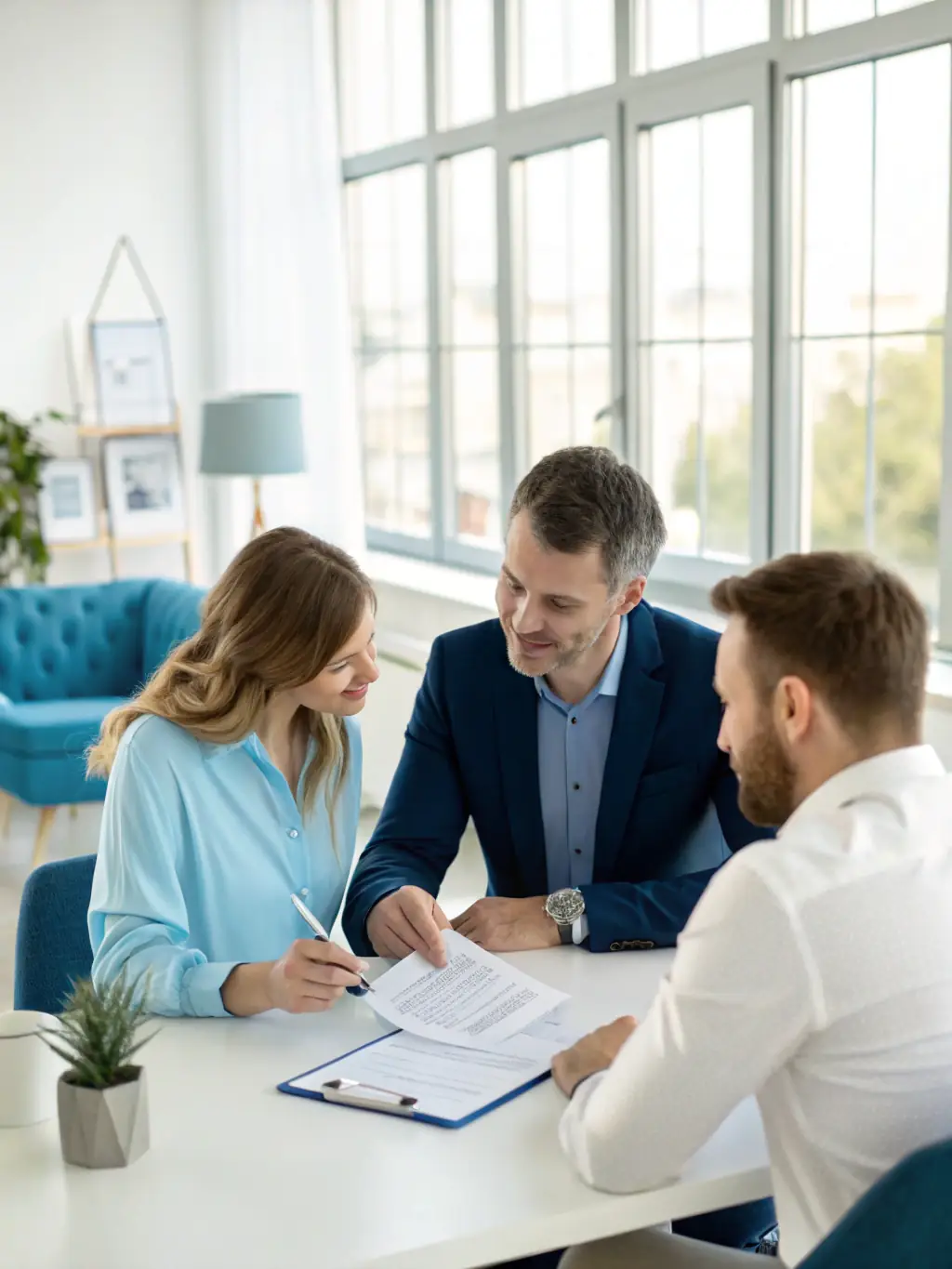 A professional advisor is explaining the benefits of whole life insurance to a young couple in their office, emphasizing long-term financial security and legacy planning.