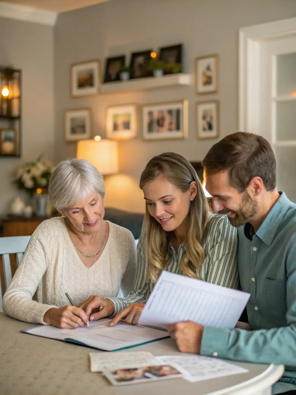 A serene, professional photograph depicting a multi-generational family gathered around a table, reviewing documents with a financial advisor. The scene conveys trust, legacy, and the careful planning of wealth transfer.