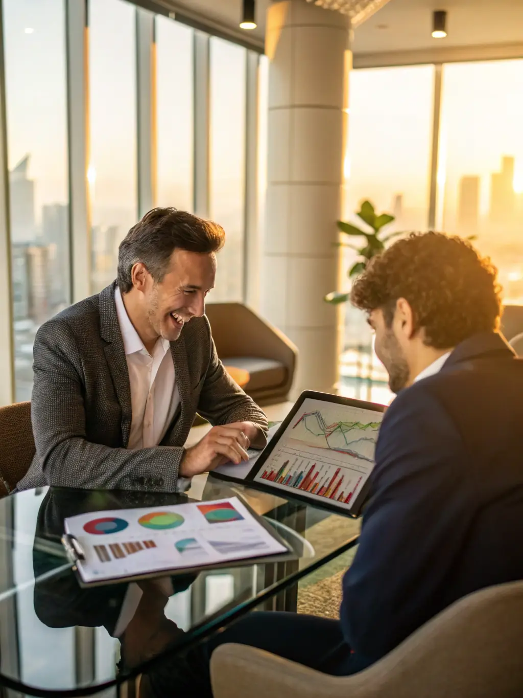 A professional advisor explaining self-banking system benefits to a client in a modern office setting, emphasizing financial control and growth.