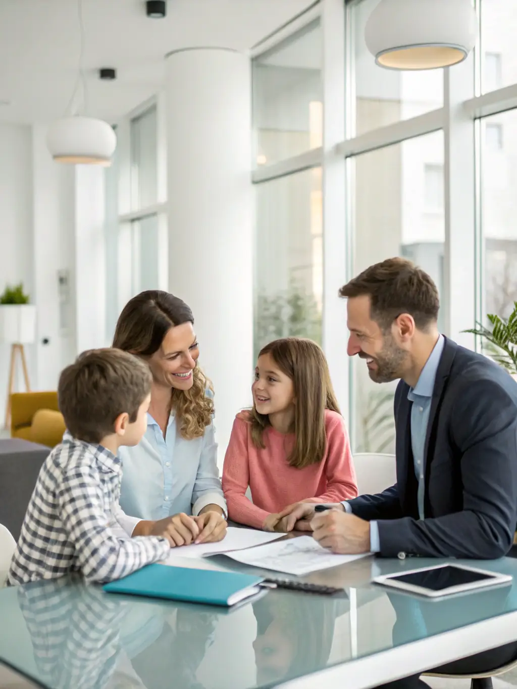 A modern family is discussing investment options with a financial advisor, focusing on the growth potential of IUL policies.