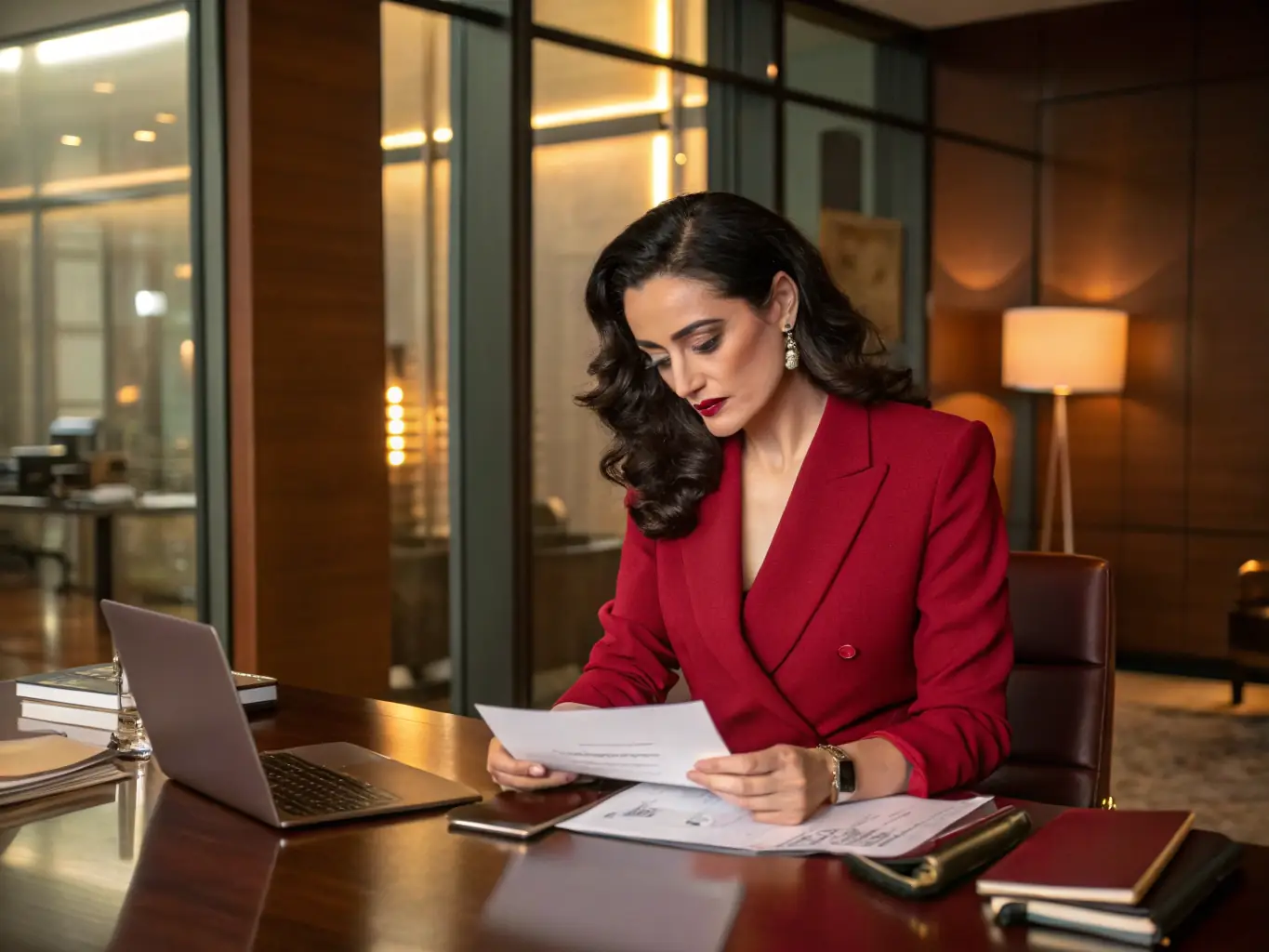 A professional small business owner is reviewing financial documents in a modern office setting, with a focus on strategic planning and asset protection.
